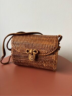 Bali Handwoven Brown Rattan Crossbody Bag with Leather Strap